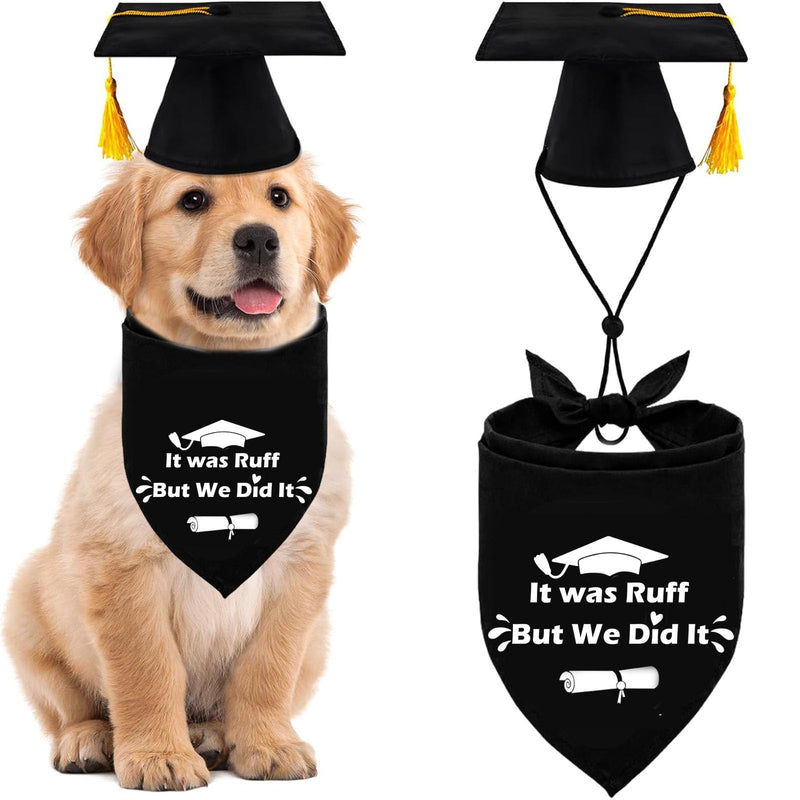2025 Dog Graduation Cap and Gown with Gold Tassels Dog Graduation Outfits Gifts Graduation Bandana for Small Medium Large Dogs (It was Ruff but we did it Bandana)