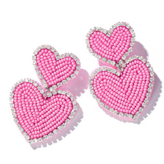 Beaded Heart Shaped Earrings - Handmade Statement Heart Dangle Earrings Gift for Valentines Day and Mothers Day (PINK - DOUBLE HEARTS)