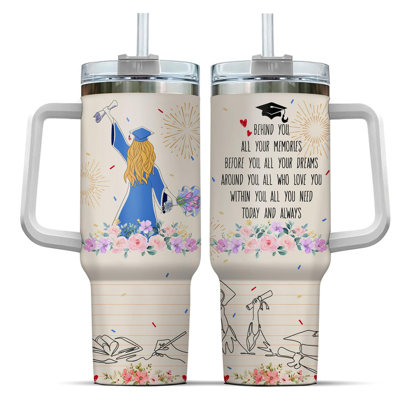 99OWL Graduation Gifts Tumbler 40 Oz With Handle Lid And Straw Congrats Graduation Memorial Gold Royal Of Senior Handle Floral Heart Class Light Teal Flower Tumblers Rose Navy