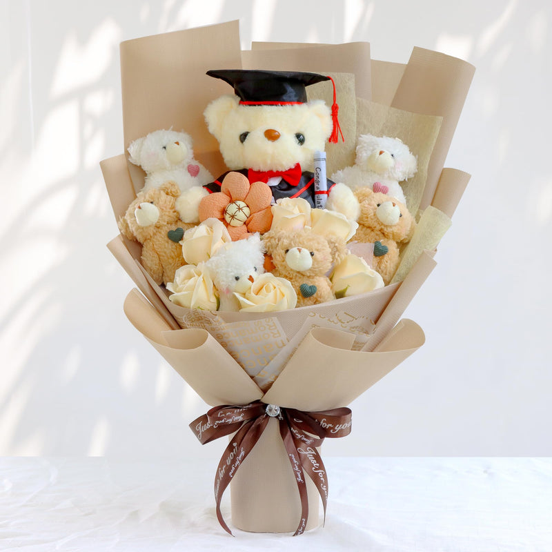 Cute Bear Bouquet - Plush Toy Bouquet with Cute Soap Flower - Handmade Toy Bouquet for Any Occasions Birthday Bridal Shower Graduation etc. (Graduation)